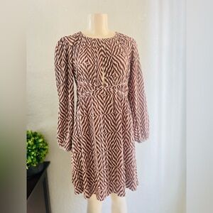 Zara Geometric Printed Brown Pleated Long Sleeve Mini Dress size Small